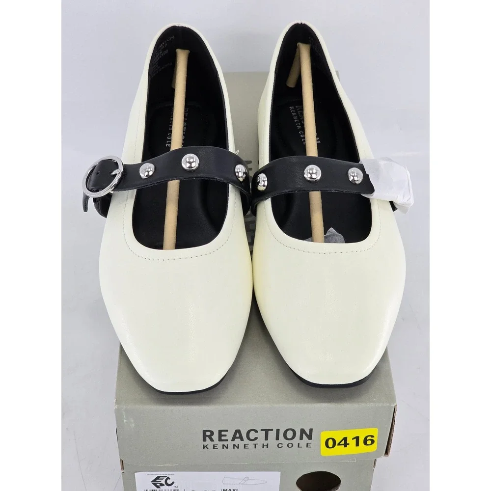Kenneth Cole Reaction Maxi Flats Womens 8 Ecru Black Studded Mary Jane - New